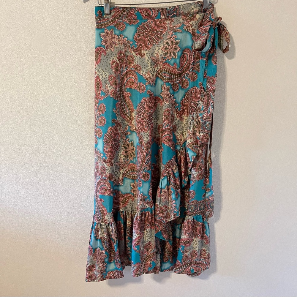 Cienna Silk Blend Eden Paisley Ruffle Wrap Maxi Skirt Teal Gold-One Size